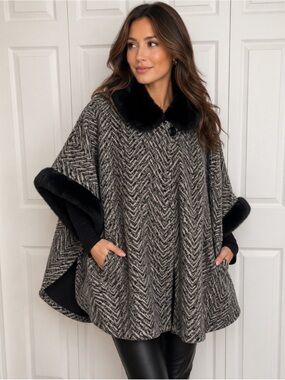 E Studio Ladies Chevron Patterned Cape with Black Faux Fur Trim